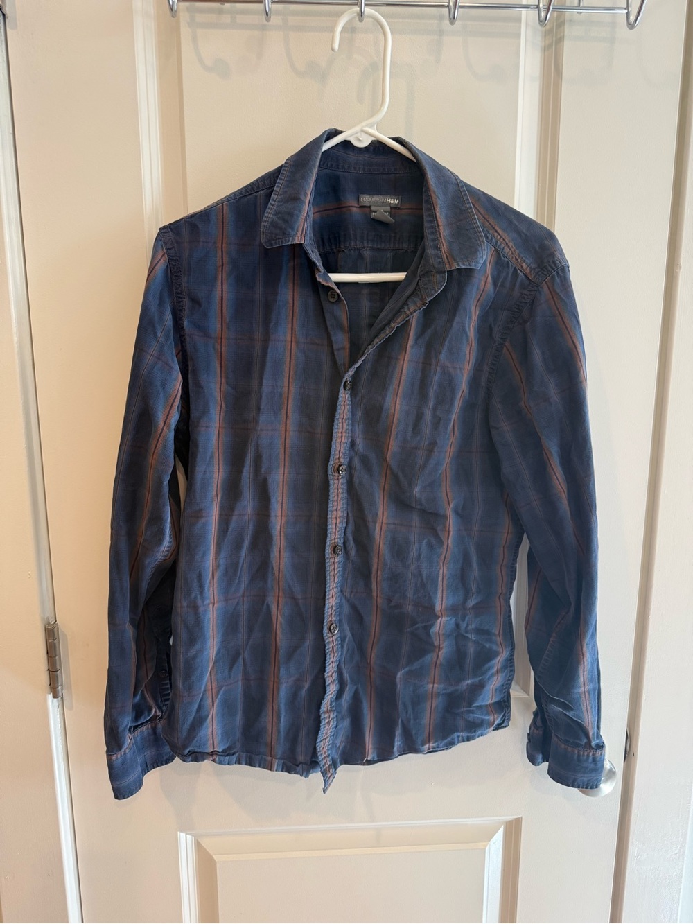 Dark blue and brown plaid button down shirt